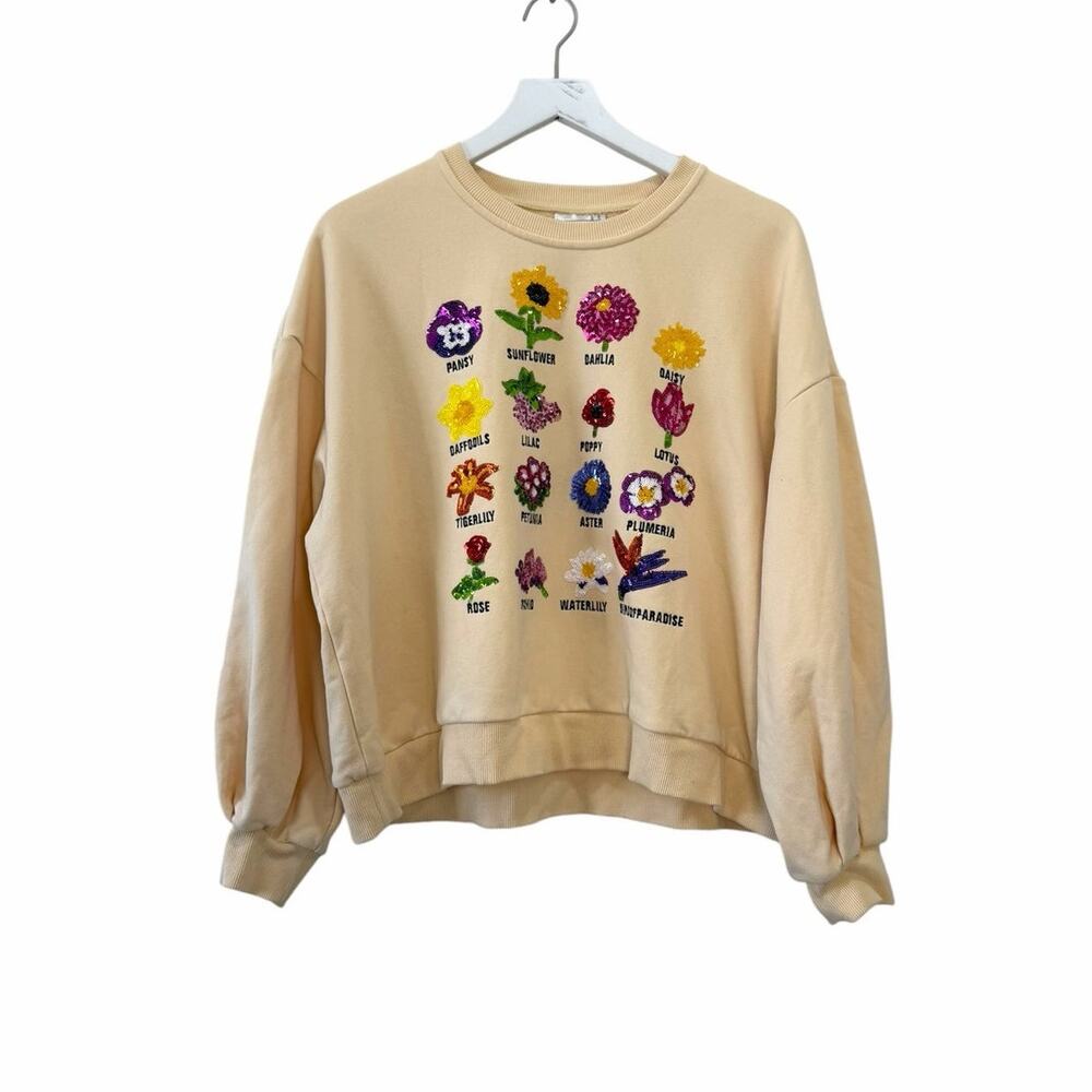 Queen of Sparkles Flower Sequin Sweatshirt Small Floral Pullover Size Small - Picture 9 of 10